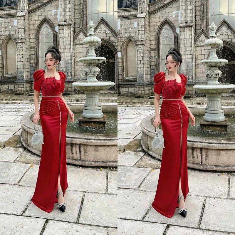 [NGA PHẠM 'DRESS] - ĐẦM DẠ HỘI LỤA KẾT CƯỜM EO PHỐI TƠ ORGANZA XẾP LY TAY PHỒNG DÁNG DÀI XẺ CHÂN -(6 màu) Nữ Women Voi  Trắng váy dự tiệc đỏ hồng 3