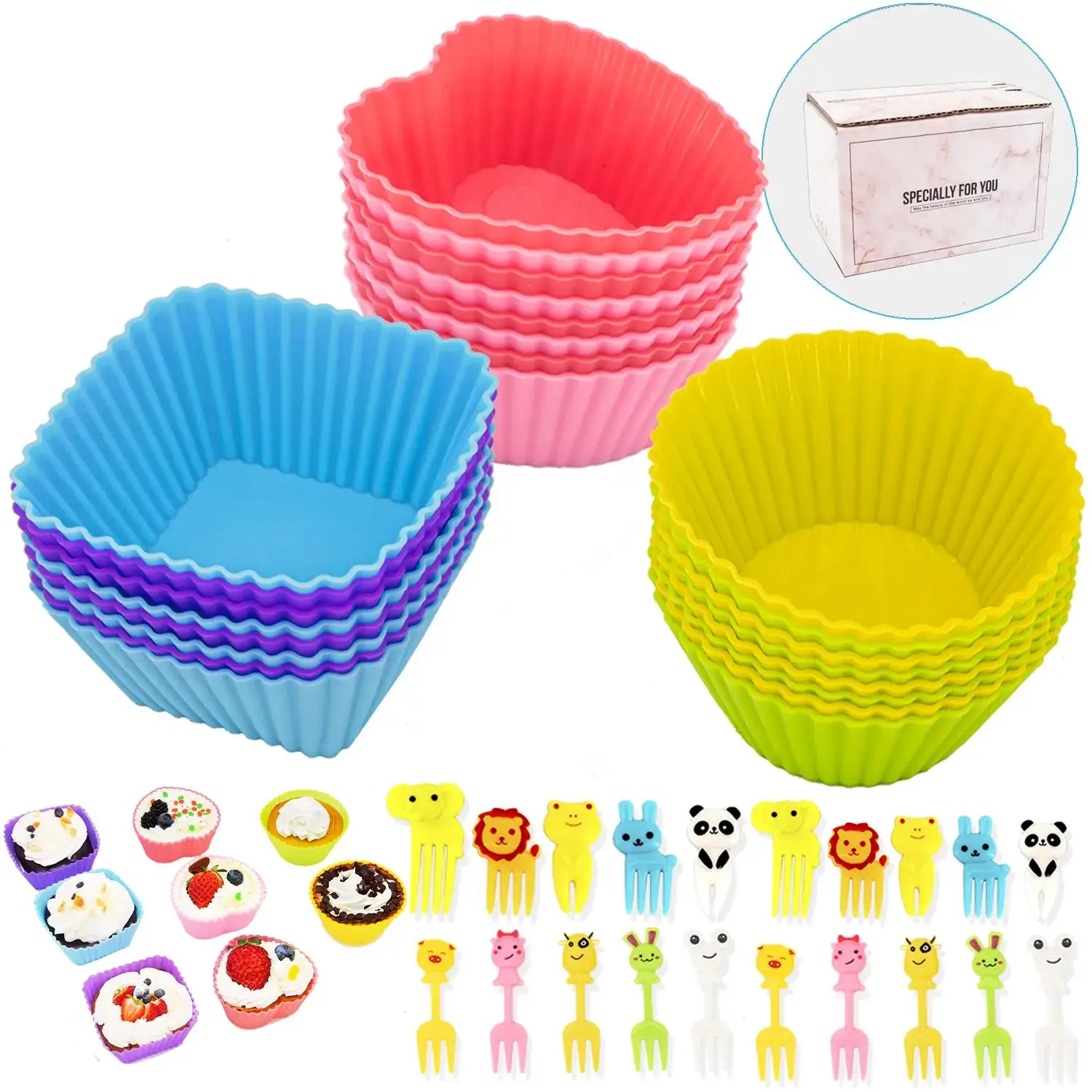 Reusable Thicked Silicone Cupcake Liners Set, 2.75 Inch Non-stick Muffin Baking Cups in Square, Heart, and Circle Shapes, Bento Lunch Box Dividers Accessories, Household Kitchen Products, Summer for Gift