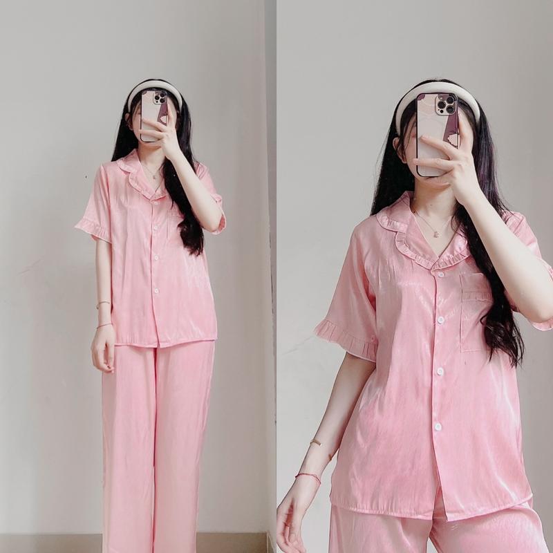 Bộ ngủ mặc nhà tiểu thư WENNIE chất lụa xước 40-62kg phối bèo dành cho nữ