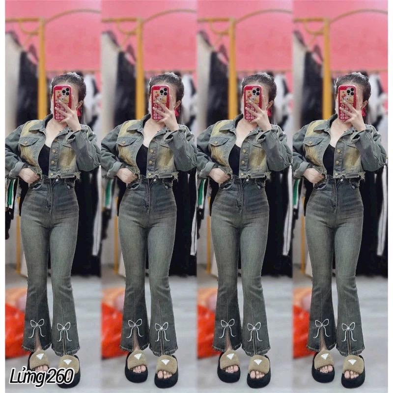 Quần jeans ống loe 9 tấc nấm lùn thêu nơ xẻ ống 3 màu đẹp ạ, jeans co giãn, lưng cao Nữ Pants Women jean bò