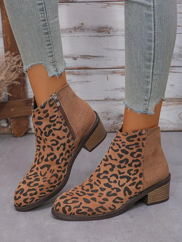 Fashion Leopard Print Zipper Back Boots, Casual Pointed Toe Boots for Daily Wear, Female All-match Shoes for Fall & Winter 2