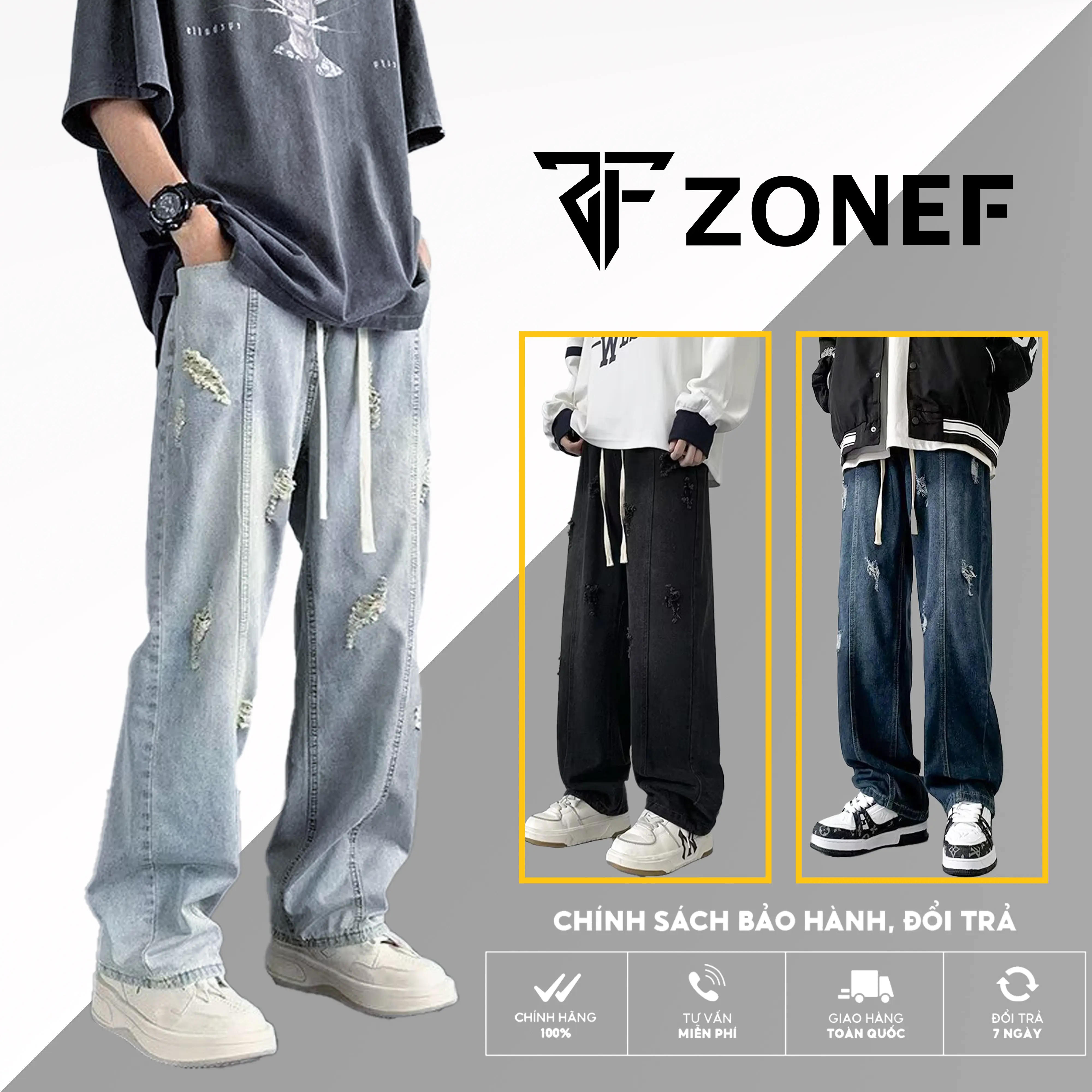 Quần Jean Nam Cào Rách Dáng Suông, Quần Ống Rộng Cạp Chun Menswear Ong