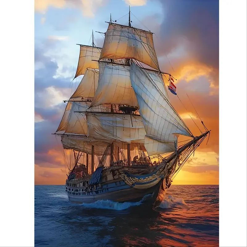 Sailing Ship Pattern DIY Diamond Arts Painting Kit without Frame, DIY 5D Diamond Arts Colorful Painting Kit, Wall Art Decor for Home Living Room Bedroom 0