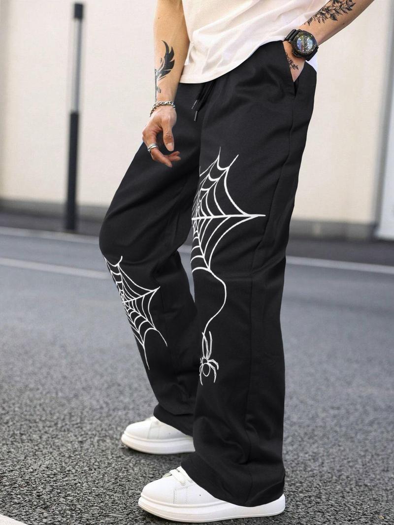Product Introduction of Men's Loose Spider Web Print Drawstring Waist Straight Leg Pants, Casual Street Pocket Trousers for Daily Wear, Fashion Men's Bottoms for All Seasons, National Day Clothing 15
