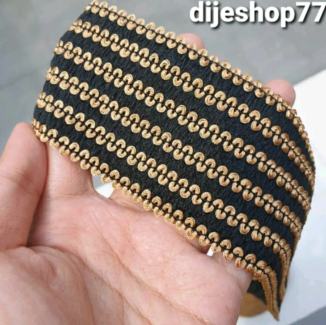 Renda Sultan Gamis Viral Lebar 6 cm ( Per Meter ) / Renda Viral / Renda Elastis Black Gold / Renda Biku Sisik Emas Hitam / Renda Karet