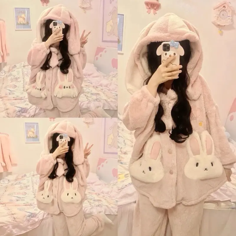 Bộ ngủ lông cừu tai thỏ đính nơ túi thỏ hồng dễ thương, Sét pijam lông dài tay 2 lớp ấm áp form rộng hàn quốc, EYE 2T