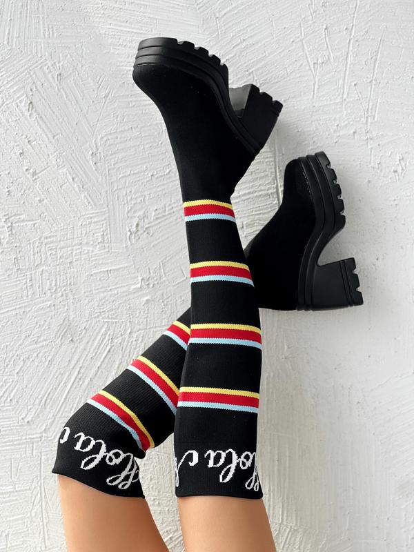 Women's Fashion Striped Print Over-the-knee Boots, Punk Style High Heel Boots for Fall & Winter, Trendy Letter Print Chunky Heel Boots 4