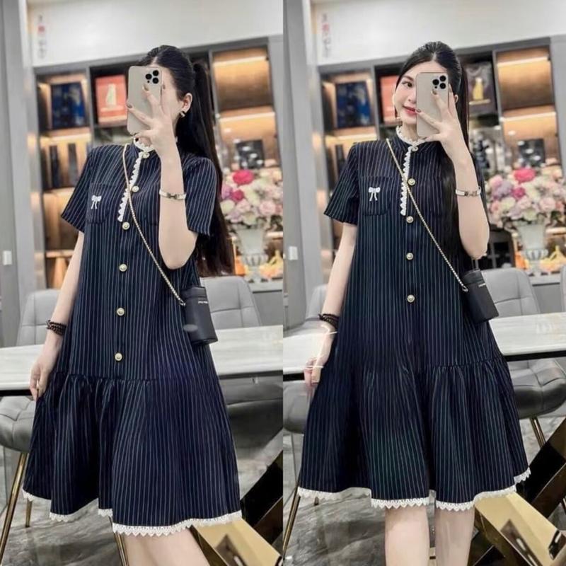 Đầm bầu bigsize 40-100kg váy bầu công sở mẫu mới thời trang họa tiết nơ thêu kẻ xanh sang chảnh Nữ Women Dress dam bầu đi tiệc đi chơi