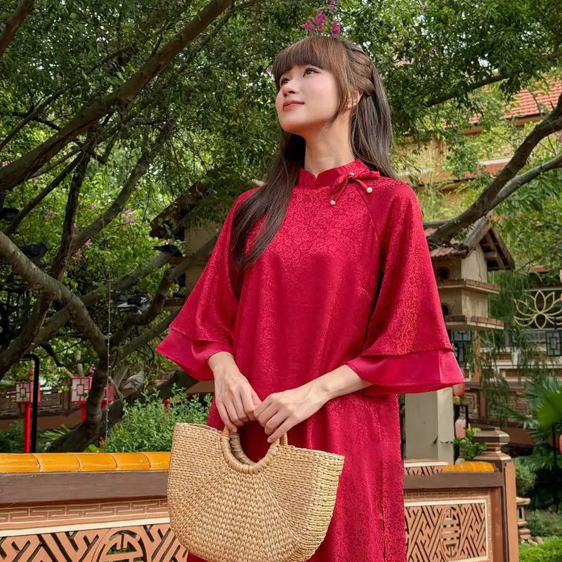 Áo dài gấm vân hoa KHỞI CẦM [Cam House] tay loe 2 lớp phối dây đính cúc ngọc trai chụp ảnh đi lễ chua mặc tết đẹp