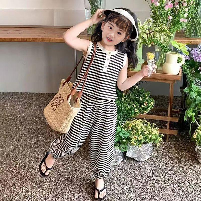 Bộ Đồ Bé Gái Không Tay Sọc, Hàng Mới Về Năm 2025, Thời Trang Và Phong Cách Mùa Hè, Áo Phông Vest, Phong Cách Hàn Quốc, Quần Áo Mùa Hè Cho Trẻ Em, Thích Hợp Cho Bé Gái 0