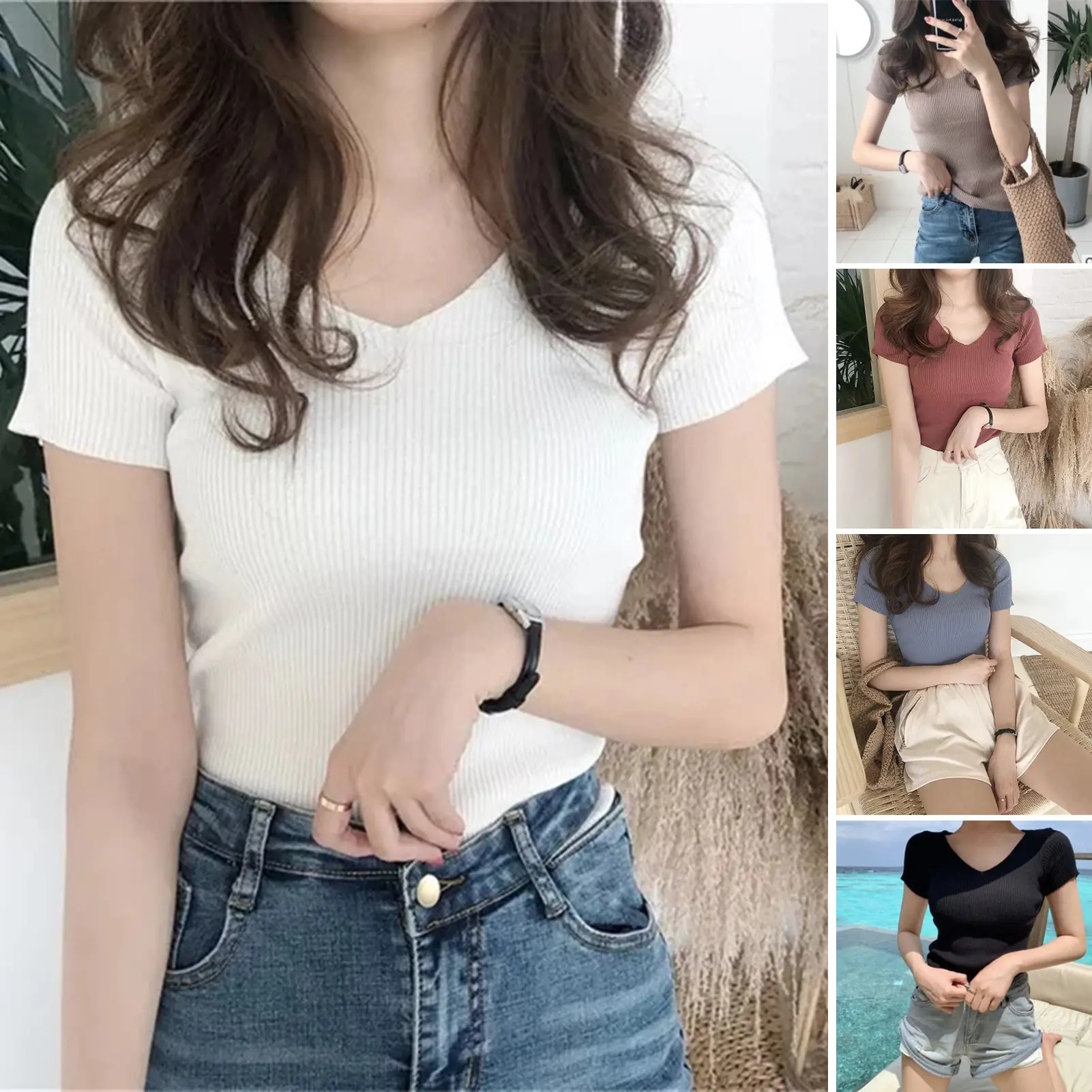Women Blouse Knitted Stretchy Summer Sweet Korean Style Bottoming Shirt Streetwear