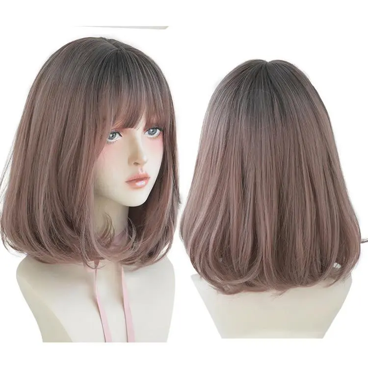 Short Hair Female Fluffy bobo Head Air Bangs High Temperature Silk Slightly Rolled Inner Buckle Wig Hair For Women