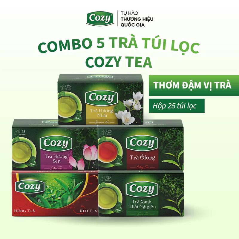 Combo 5 Trà Túi Lọc Cozy Tea Trà Xanh Thái Nguyên, Sen, Nhài, Ô Long, Hồng Trà Nước Trà Thơm, Chè Sạch Tươi Nguyên Chất Hộp 25 Túi Lọc