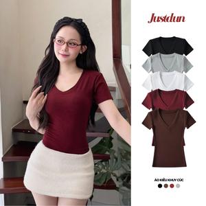 (Đã bỏ đệm vai) Áo thun cổ tim trơn basic cotton lông mịn JUSTDUN A2