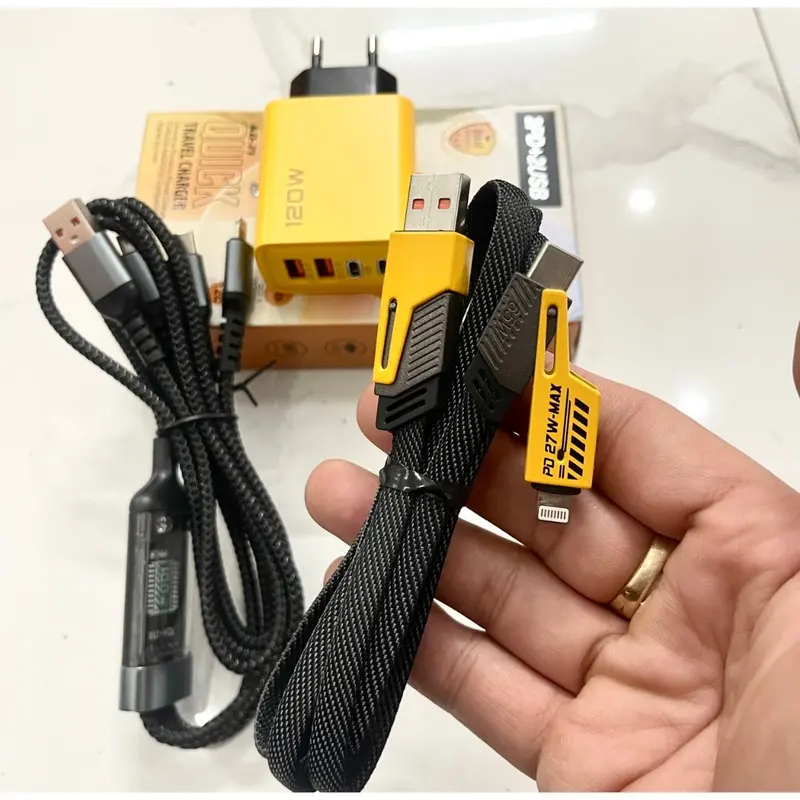 Combo 3 Sản Phẩm, Bộ Sạc Nhanh 120W, Cáp Sạc 3 Đầu 100W, Cáp Sạc 4 Đầu 4in1 Cốc sạc nhanh Sạc nhiều thiết bị 2