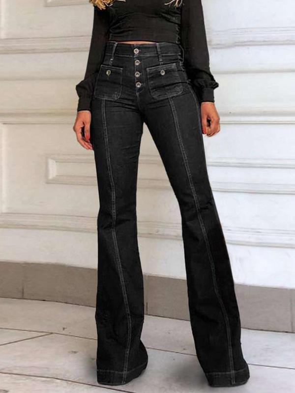 Women's Plain Button Pocket Flare Leg Jeans, Casual Bell Bottom Trousers for Daily Wear, Jeans for Women, Summer Outfits 2024, Ladies Bottoms for All Seasons, Trousers for Women, Going Out Bottoms Womenswear Pants Denim Streetwear 4