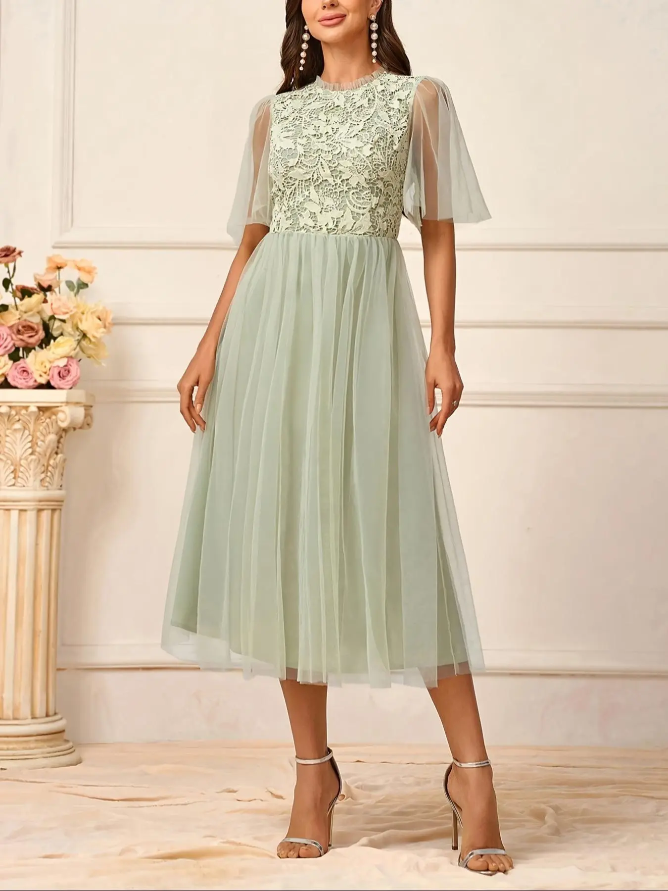 Women's Contrast Lace Keyhole Back Midi Dress, Elegant Short Sleeve Contrast Mesh Dress for Party Wedding Guest, Ladies Summer Clothes