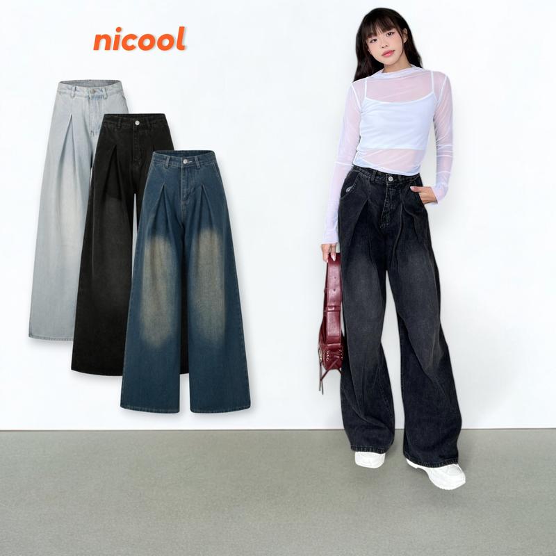 Quần Jean Nữ ỐNG SUÔNG RỘNG Xếp Ly V Sành Điệu Che Khuyết Điểm Nicool N41-Q59