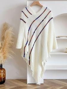 Women's Colorful Striped Pattern Fringe Trim Open Front Cape Shawl, Casual Tassel Decor Knit Blanket Scarf for All Seasons, Fashion Accessories for Women