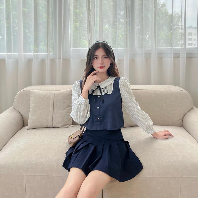 | Kèm ruy băng | Áo sơ mi nữ dáng croptop phối tay kẻ sọc chất xước mềm cotton 03 màu (Sơ mi Giao) 7