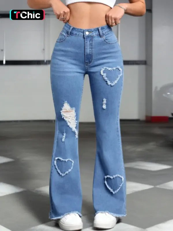 Women's Ripped Flare Leg Jeans, Fashion Casual Button Pocket Denim Pants for Daily Outdoor Wear, Ladies Bottoms for Summer 0