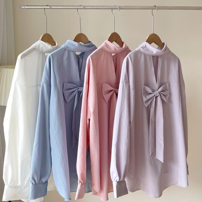 Áo Sơ Mi Nữ Kiểu Buộc Nơ Sau Lưng, Áo Sơmi Chất Vải Đũi Thoáng Mát, Áo Somi Trơn Kiểu Dáng Điệu Đà Miho House