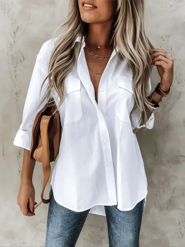 【Plus Size】 Solid Color Rolled Sleeve Button Up Shirt, Casual Curved Hem Top for Spring & Fall, Women's Clothes for Daily Wear 2