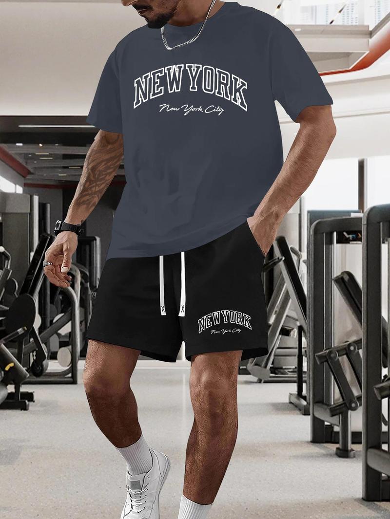 Product Introduction of Men's New York Print Short Sleeve Tee & Shorts Set, Regular Fit Casual Round Neck T-shirt & Track Shorts, Summer Clothes Set for Men 2