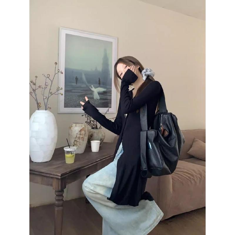 Product Introduction of Idle style V-neck long-sleeved cardigan single-breasted T-shirt skirt women's new fashionable elegant slim slimming mid-length top Casual Womenswear Dress Lingerie 6
