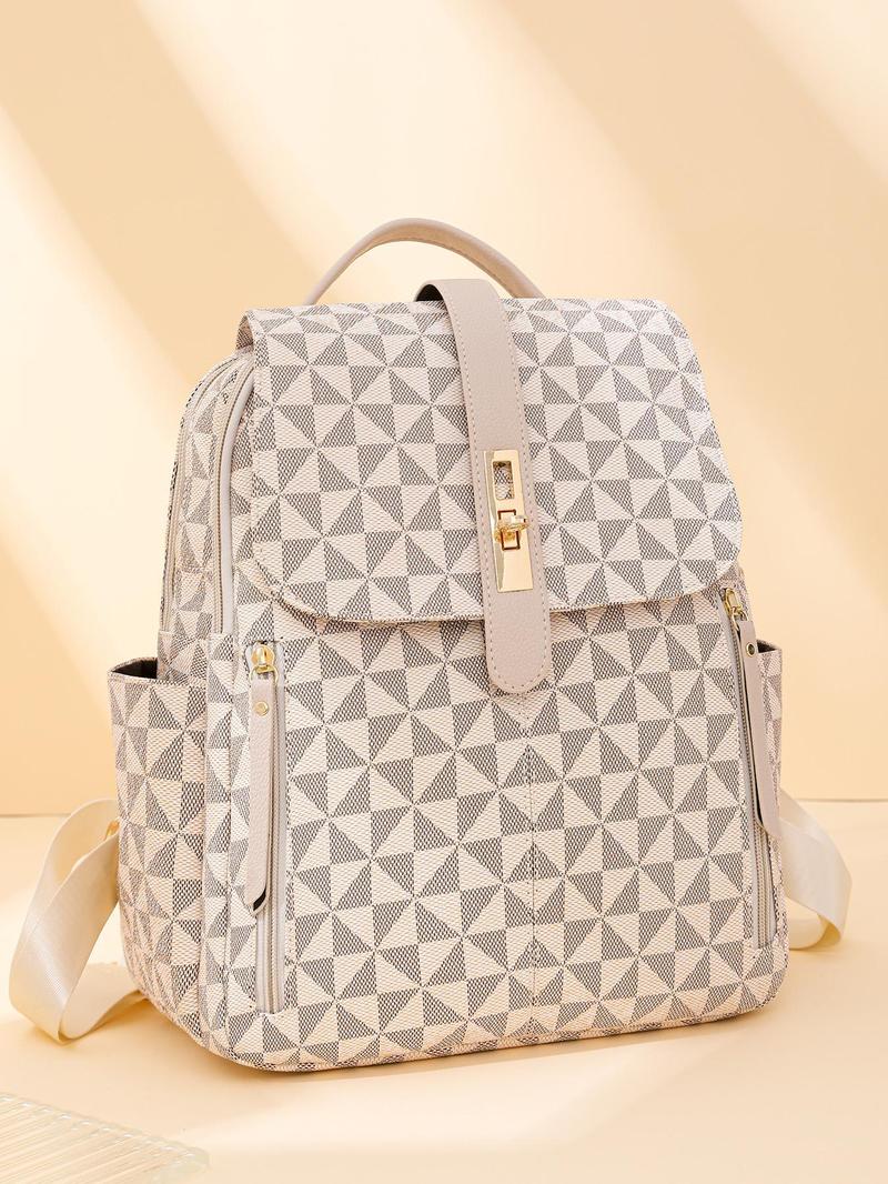 Product Introduction of Fashionable Geometric Pattern Backpack, Casual PU Leather Zipper Backpack, Versatile Backpack for Women for Daily Commute Travel 0