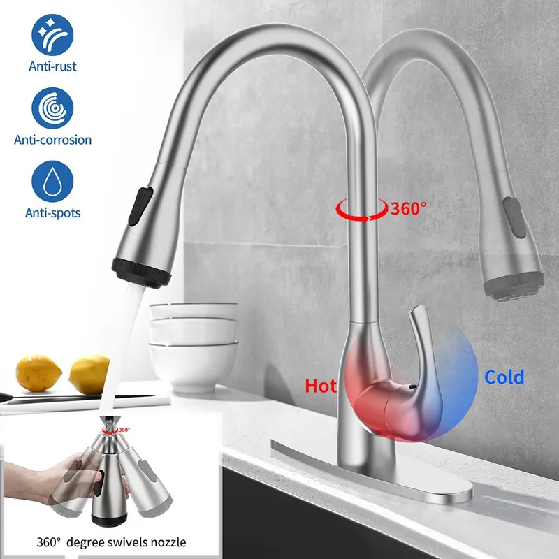 Stainless Steel Kitchen Faucet, Modern Rotatable Splash-proof Faucet, Hot & Cold Water Faucet, Kitchen Sink Faucet, Home Kitchen Fixtures 4