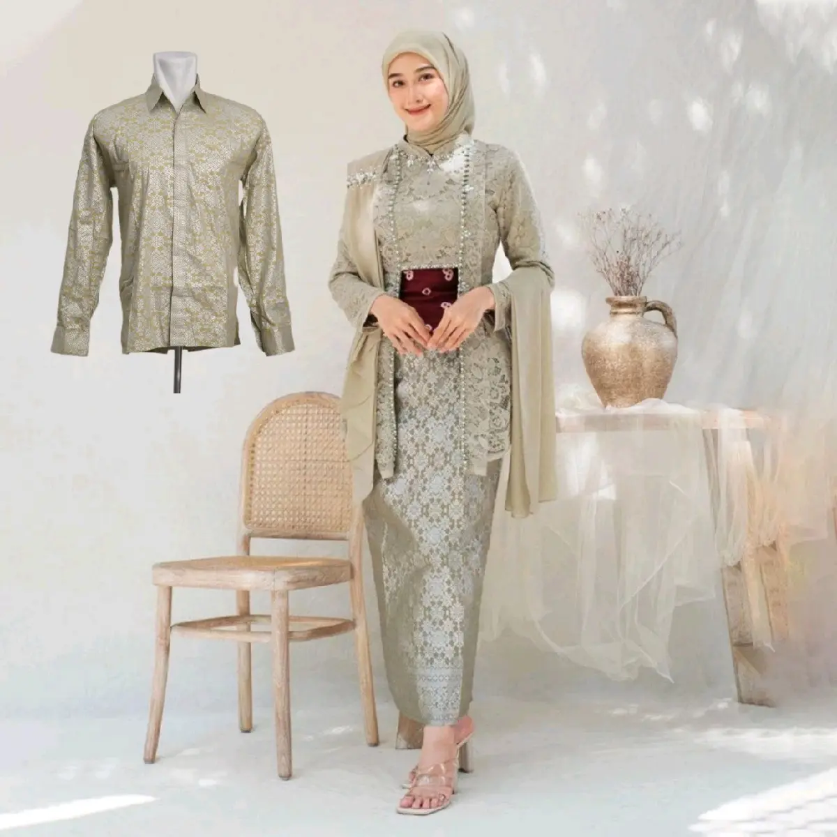 DEBATIK - Setelan Kebaya Batik Couple Pasangan Batik Kondangan Kutubaru Brukat Outfit Kondangan 2024 Wanita Dewasa Katun Merah Panjang Baju Keluarga Top Payet Tenun Motif Sarimbit Pesta kebaya simple wisuda pesta lamaran