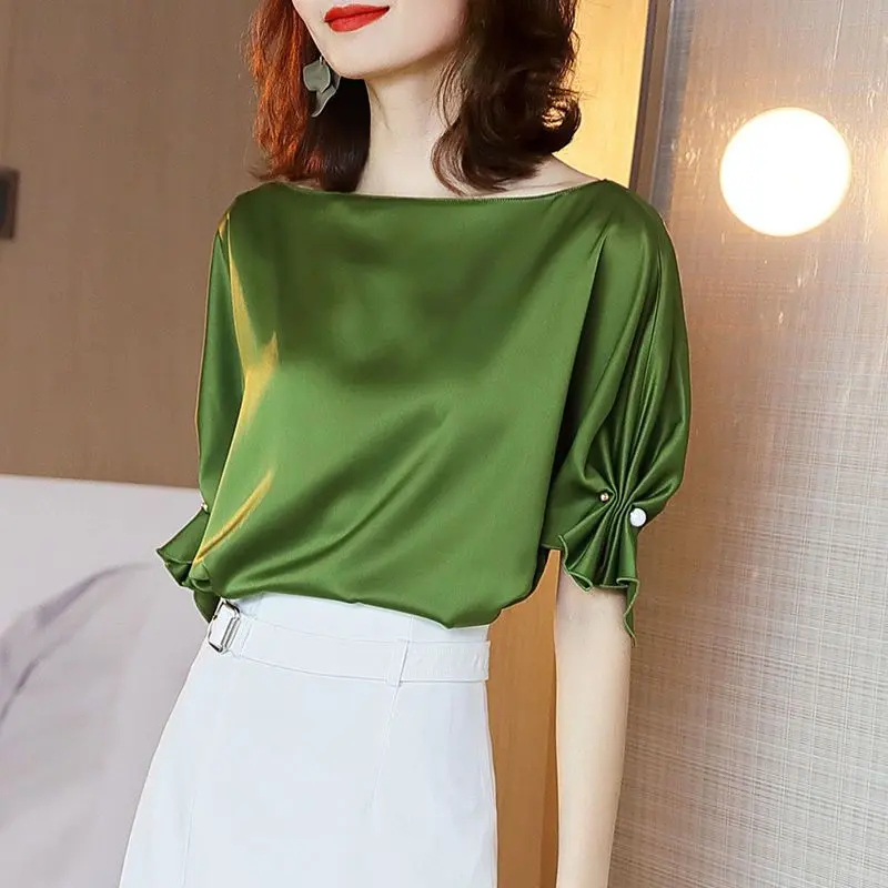 Vải Acetate Satin Mercerized, ngắn Tay, Dáng Rộng Rãi Và Bó Sát, Bộ Sưu Tập Người Dân 3971, Hàng Mới Về Xuân / Hè 2025, Giá Cả Phải Chăng, Áo Sơ Mi Xếp Nếp Sang Trọng, Dành Cho Nữ