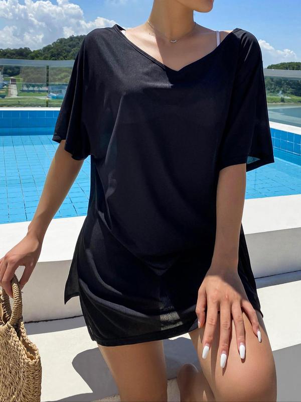 Women's Plain Side Split V Neck Cover Up, Summer Clothes Women, Minimalist Casual Short Sleeve Cover Up for Beach Vacation, Ladies Comfort Clothes for Summer, Womenswear 3