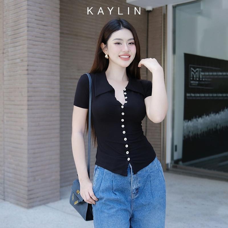 Áo thun KAYLIN cổ sơ mi phối nút chất vải thun cotton co giản phong cách thanh lịch - N2314 Nữ Women Top Cổ Tròn 1