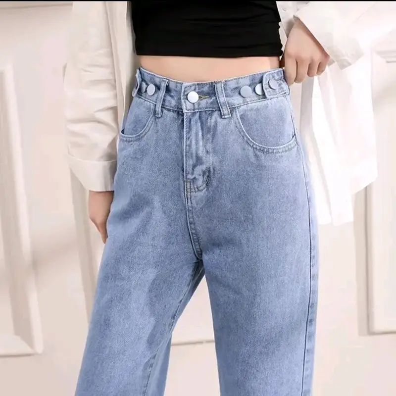 Celana Highwaist Jeans Wanita pinggang kancing yang dapat di sesuaikan GREY 4