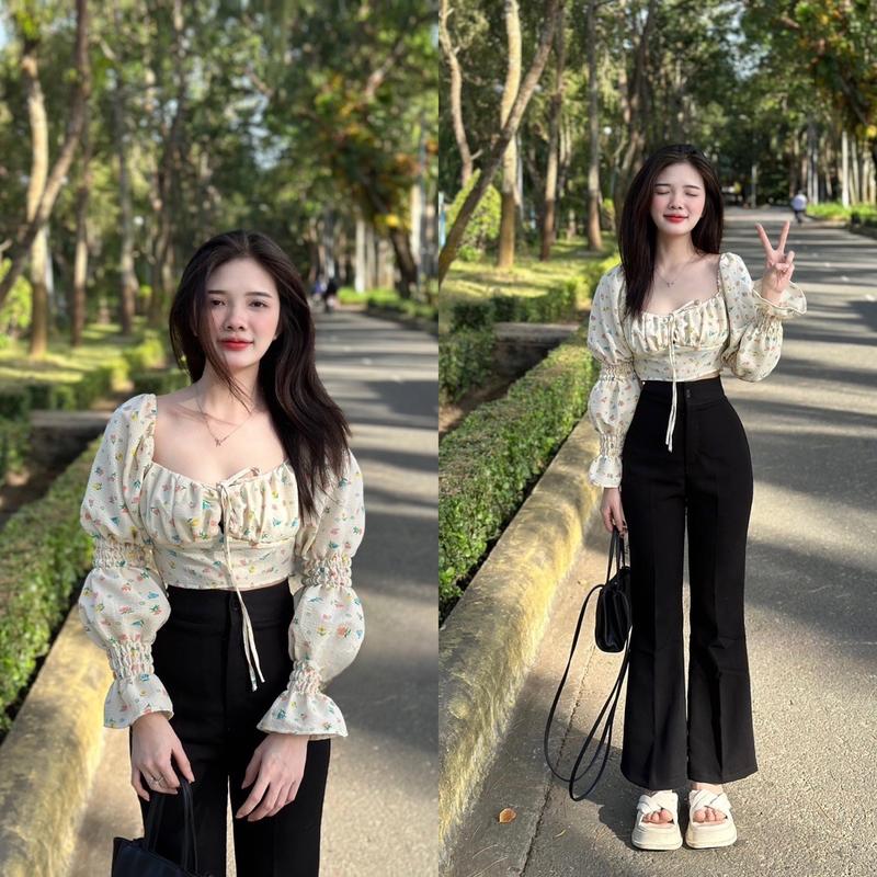 Áo nữ voan hoa tay dài có đệm mút và lưng chun co giãn top women