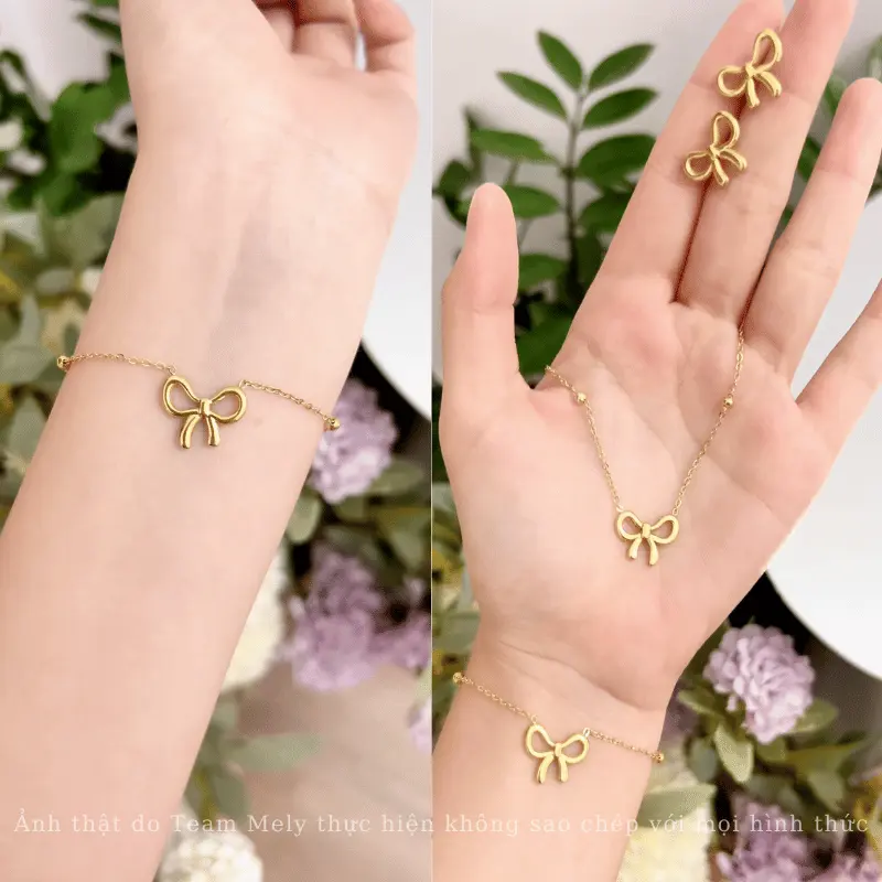[KHÔNG ĐEN GỈ] Bộ Bông tai, Dây chuyền, Vòng tay Titan hình nơ dạng sợi mảnh thời trang Hàn Quốc - Mely TT100 7