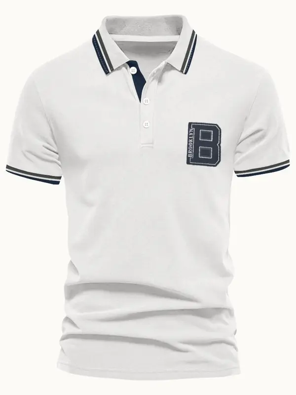 Men's Regular Fit Letter Print Stripe Trim  Polo Shirt, Casual Short Sleeve Half Zip Up Collar Top for Summer, Fashion Men's Clothes for Daily Wear, Tropical 1