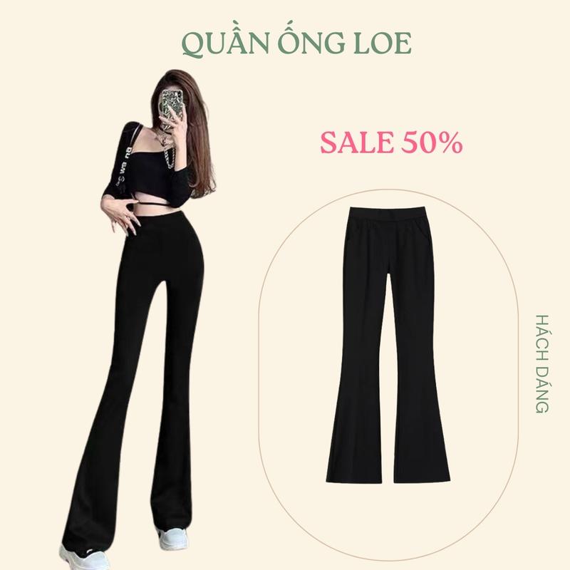 Quần nữ ống loe cạp cao chất thun co dãn mịn mát dáng legging tôn chiều cao Pants Đen Ong