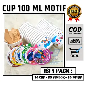 PLASTIK CUP ES 100ML MOTIF CAP UNTUK ESKRIM LENGKAP TUTUP SENDOK