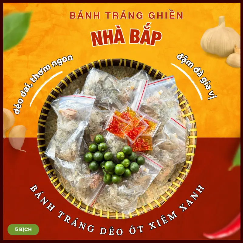 Combo 5 bịch bánh tráng dẻo ớt xiêm xanh sate muối nhuyễn thơm ngon đậm vị - Bánh Tráng Nghiền Nhà Bắp 0