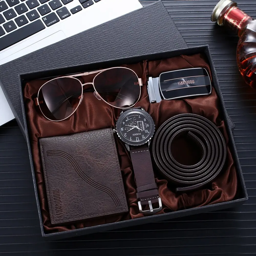4pcs/set Men's Gift set jam tangan lelaki Cowhide Leather Bifold Wallet Purses belts sunglasses watch Gift Bags Black Male Wallets Pearl Card