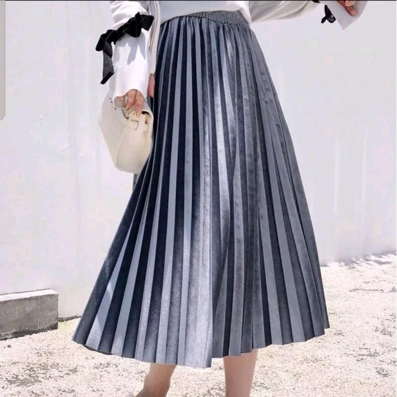 NEW!!! Rok plisket 7/8 bludru Velvet all size Fit Karet Mewah Wanita Nyaman Melar 1