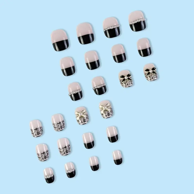24pcs 3D Bow Decor Fake Nails & 1 Sheet Tape & 1 Count Nail File & 1 Count Stick, Faux Pearl Decor Press On Nails For Women & Girls DIY Nail Art, Elegant Stick On Nails Kit 3