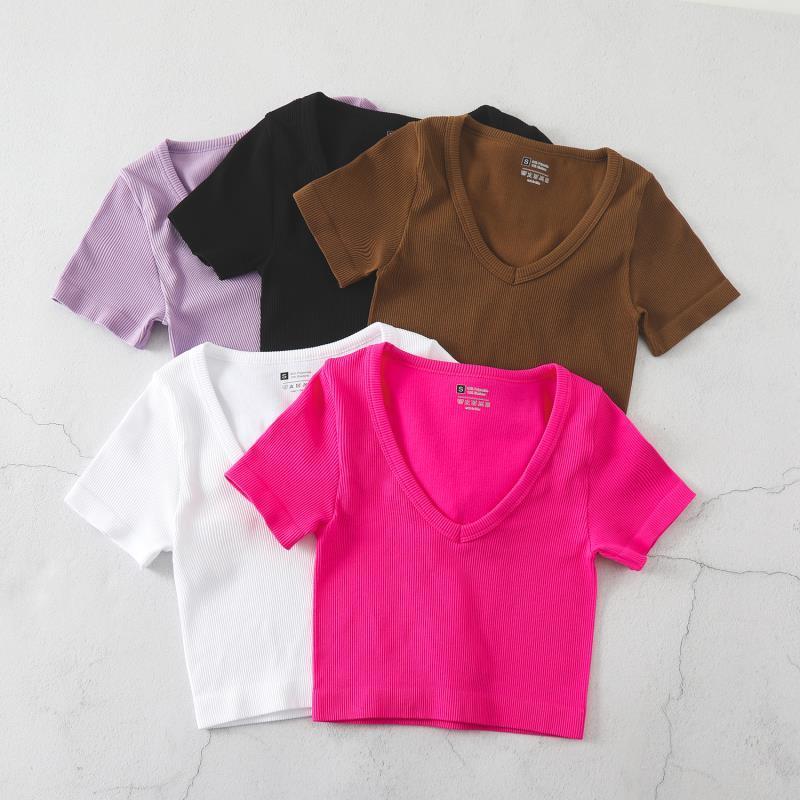 Product Introduction of European and American Yoga Wear Sexy Stretch Yoga Seamless Sports Top Short Sleeve V-Neck Slim Fit Solid Color Ribbed T-Shirt 5