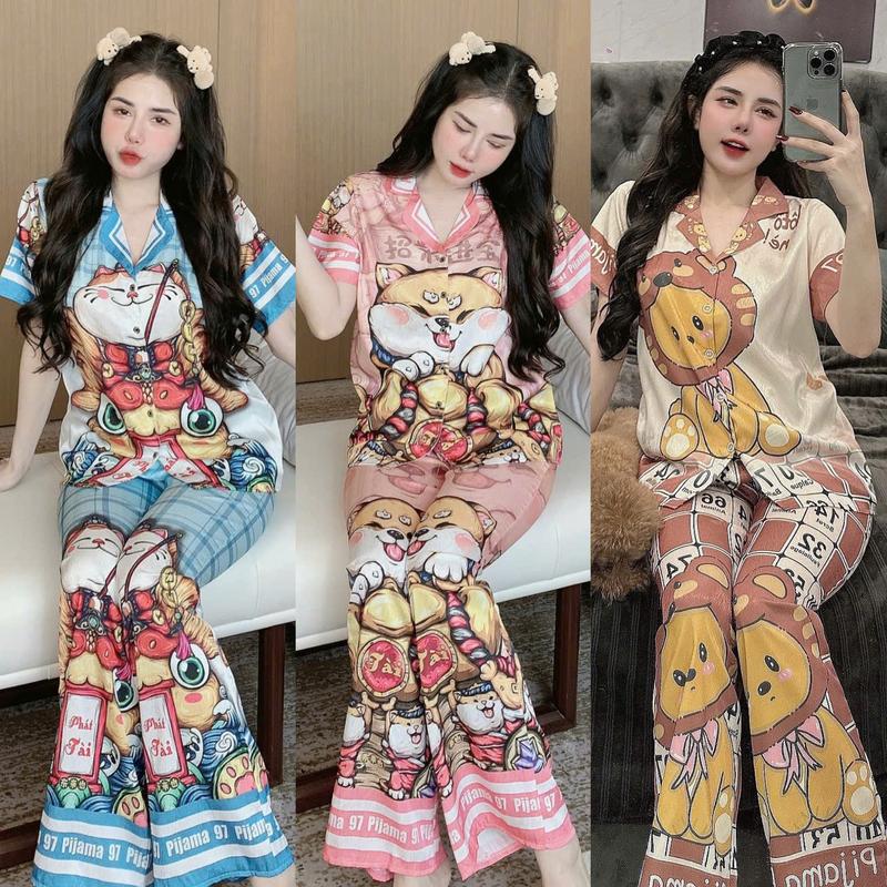 Đồ bộ tay ngắn lụa xước mềm mịn thiết kế mới dễ thương đồ bộ nữ mặc nhà thoải mái pijama nữ lụa mềm mịn size dưới 60kg đồ bộ pizama Áo tay ngắn