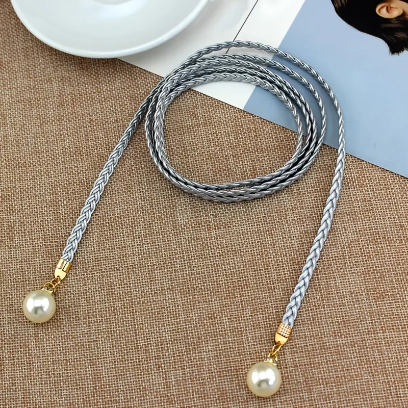 [1pc Elegant Braided Belt] 1pc Elegant Women's Braided Waist Rope Belt with Classic Pearl Pendant | Vintage Sweet Style, Non-Washable, Perfect for Dresses, Wedding Belt, Available in Black, Pink, Red, Brown 8