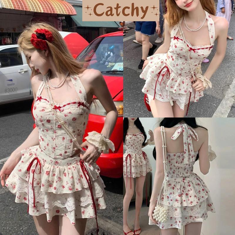 Set Váy Nữ Áo Cổ Yếm Cúp Viền Nơ Phối Chân Váy Ren Tầng Xòe Xinh Xắn Ngọt Ngào CATCHYstore Set Bộ Nữ Áo Yếm Cúp Tim Đính Nơ Mix Chân Váy Xòe Ngắn Họa Tiết Hoa Nhí Phong Cách Trẻ Trung Women Top Kem Viền Ren Dáng Ngắn setyem xoè