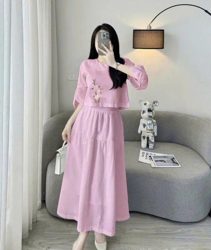 [Mia 10] Set áo chân váy thêu hoa tôn dáng đi biển siêu đep, chất liệu tơ thái mềm mịn, thoáng mát, đủ size từ  40 -85kg 4